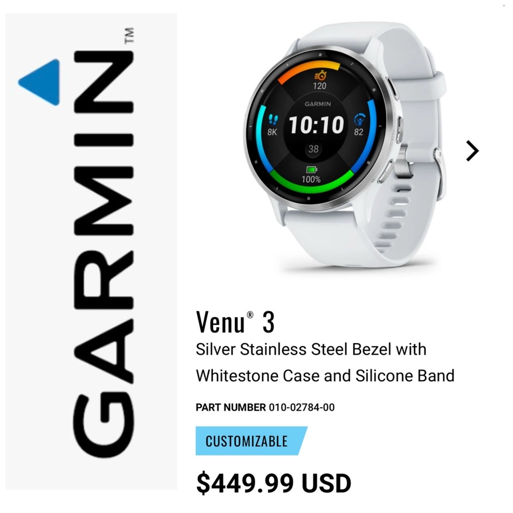 Garmin Venu 3 Silver Smartwatch with White Band